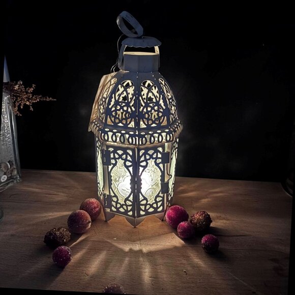 Gallery of Light Moroccan Lantern Metal With Intricate Cut-Out Design For Candle - Picture 3 of 9